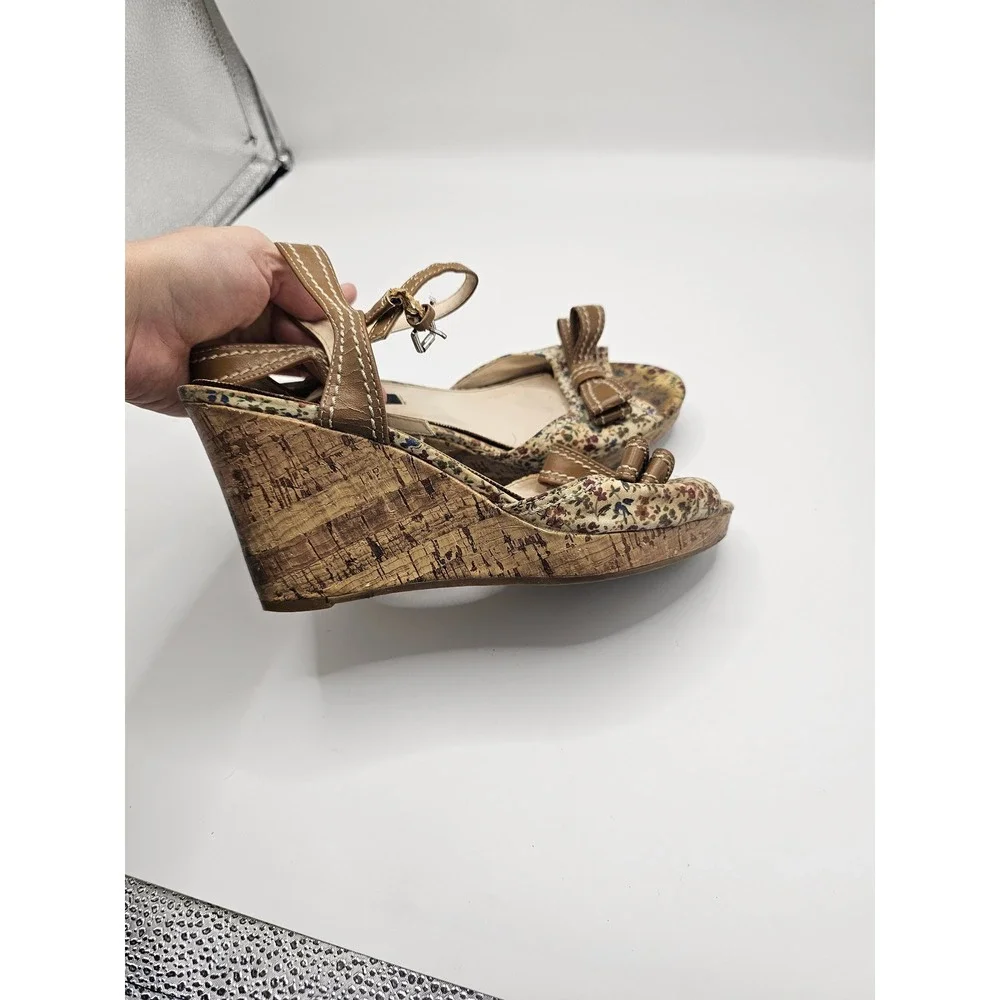 Mossimo Womens Tan Fabric Ankle Tie Cork Wedge Sandals Beige Bohemian Size 7.5